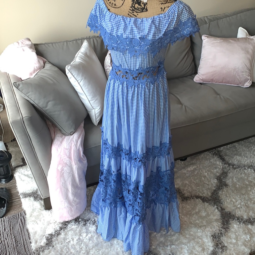 NWOT Venus gingham off shoulder maxi dress